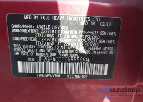 2013 Subaru Xv Crosstrek 2.0I Premium from USA, damaged, VIN JF2GPACC1DH855689